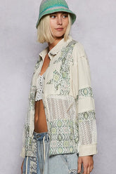 POL Printed Crochet Patchwork Button-Up Shirt OutfitFlow